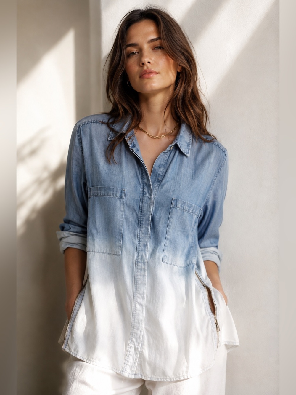 Holding Horses Ombré Lyocell Button-Up Shirt | Chambray Blue White | Size 12